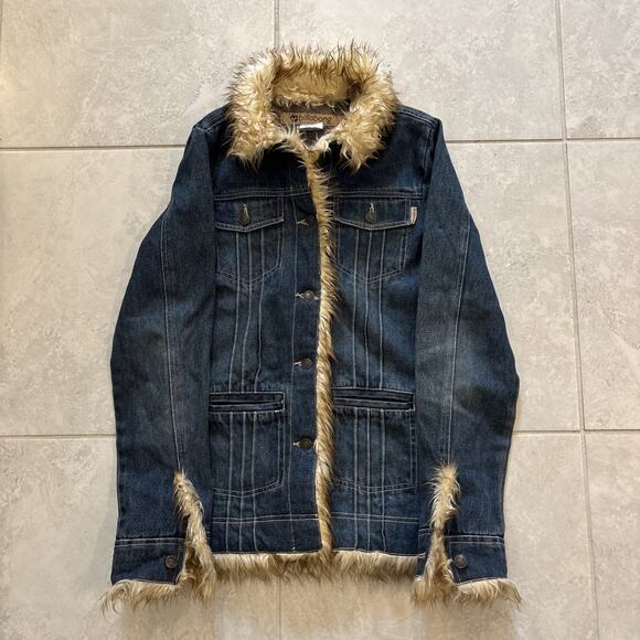 Vintage Y2K Billabong Denim Jacket Faux Fur Blue Trim Women's Sz Medium - Picture 1 of 8